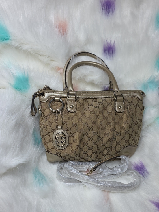 Gucci Handbags - Authentic Gucci Brown Beige GG Canvas Shoulder Satchel with Gold Charm